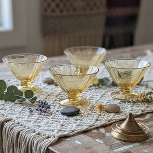 Federal‎ Glass Madrid Amber Sherbet Glasses, Set of 4, Vintage Etched Glassware